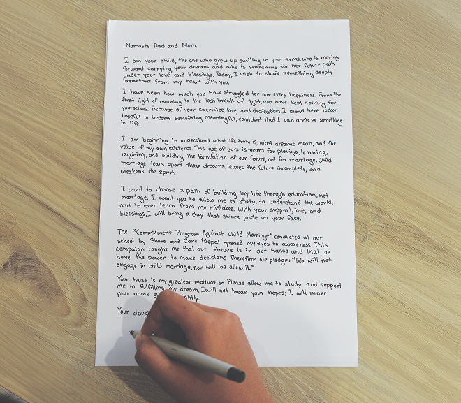 A young girl writes a letter to her parents asking for continued education instead of early marriage A young girl writes a letter to her parents asking for continued education instead of early marriage