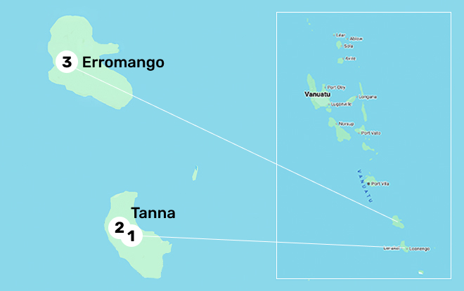 Project sites relative to Vanuatu (right) and Tanna and Erromango Islands