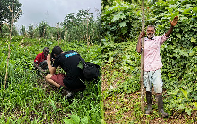 Nako Tabi in March 2025 being photographed with his seedlings by Andrew Finlay, TFNZ Grants Manager (left). Nako Tabi in August 2026 standing next to the trees he planted (right).